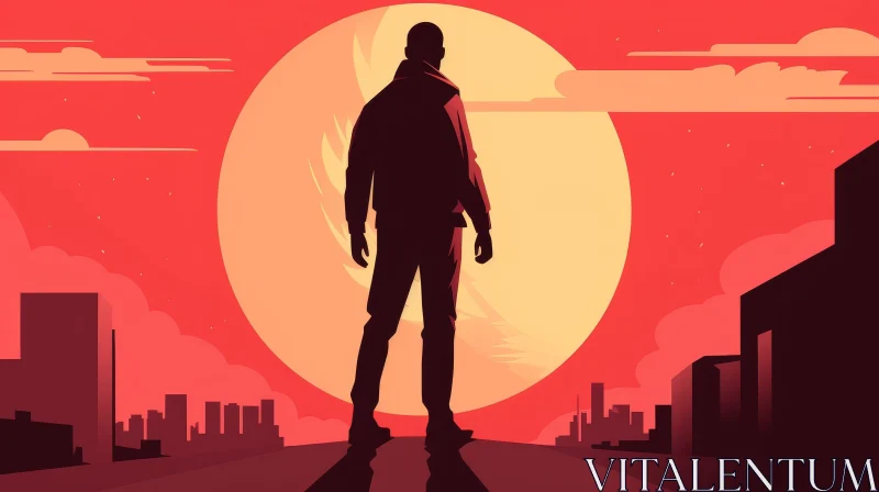 Urban Sunset: Man on Rooftop Digital Illustration AI Image