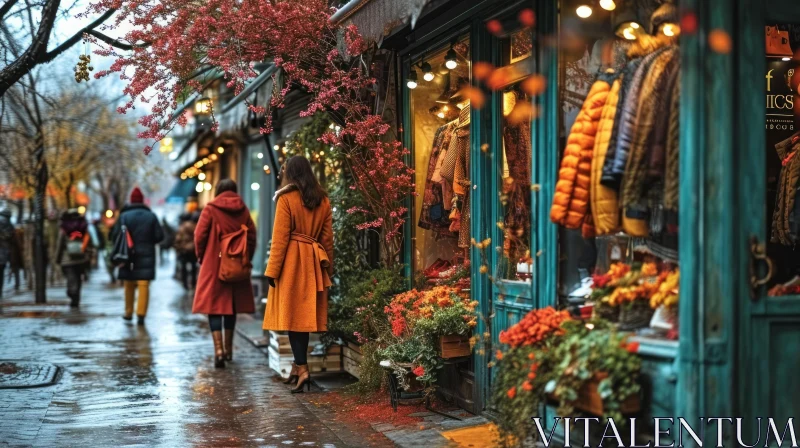 A Woman in an Orange Coat Walking Down a Wet City Street AI Image