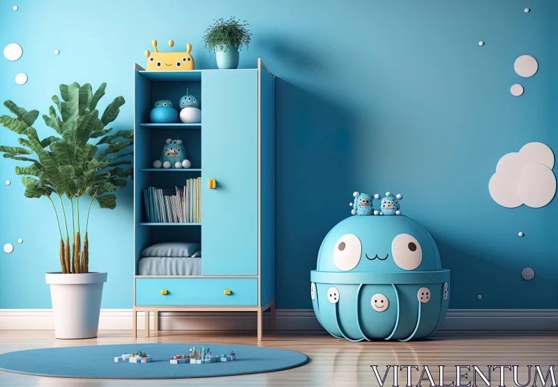 Captivating Blue Room with Whimsical Toys and Futuristic Robot Designs AI Image