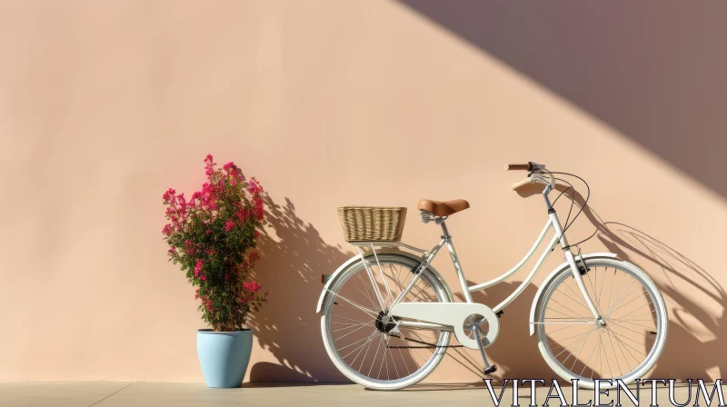 AI ART Charming White Bicycle Against Pink Wall with Bougainvillea Plant