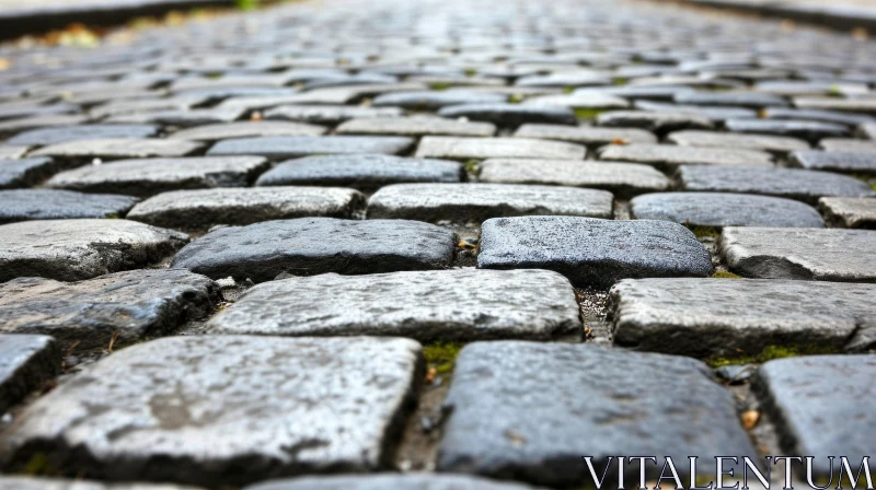 Close-up of a Wet Cobblestone Street with Herringbone Pattern AI Image