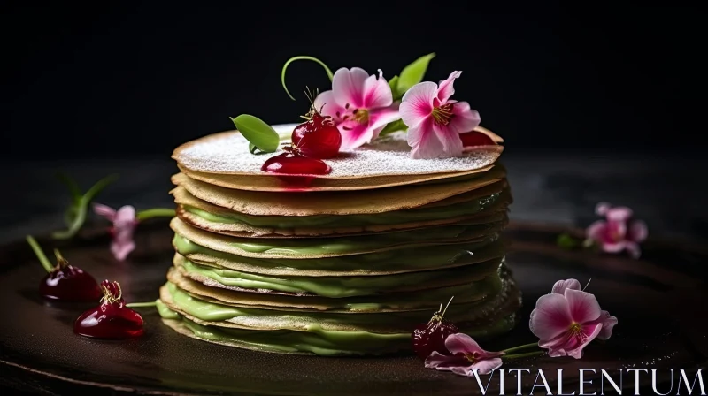 Delicious Mille-Feuille Cake with Green Cream and Berries AI Image