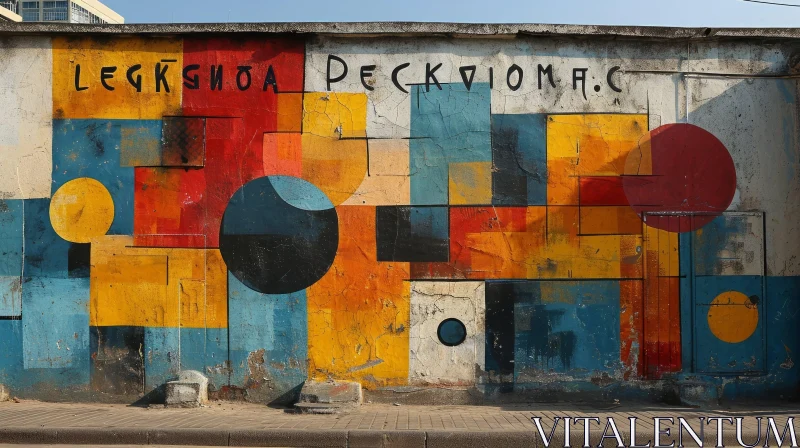 Deteriorated Geometric Mural on Concrete Wall AI Image