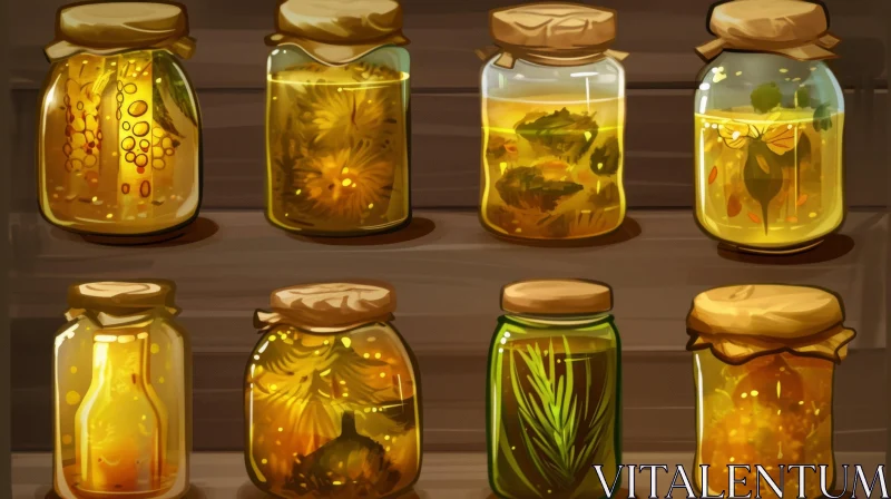 Enchanting Digital Painting of Magical Glass Jars on Wooden Shelves AI Image