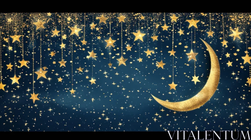 Gilded Night Sky with Crescent Moon and Stars AI Image