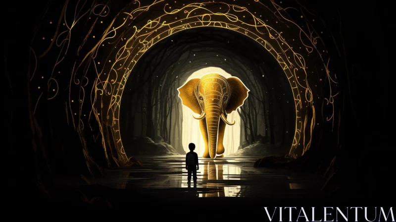 Glowing Gold Elephant in Dark Forest AI Image