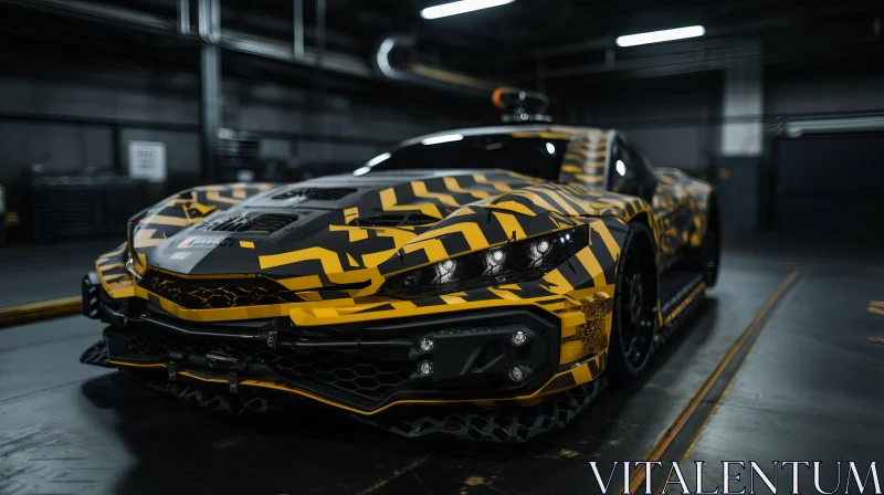 Luxurious Car with Yellow Stripe in Industrial Setting AI Image