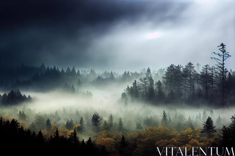 Misty Autumn Forest with Fog and Rainy Weather - Dark and Foreboding Landscapes AI Image
