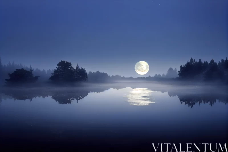 Moon Reflection in Misty Lake: Serene and Romantic Nature Scene AI Image