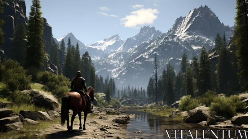 AI ART Mountain Valley Cowboy Horse Serene Landscape