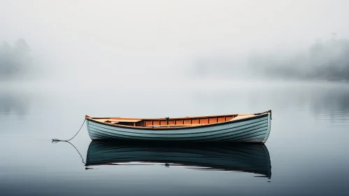 Tranquil Lake Landscape with Boat in Misty Morning