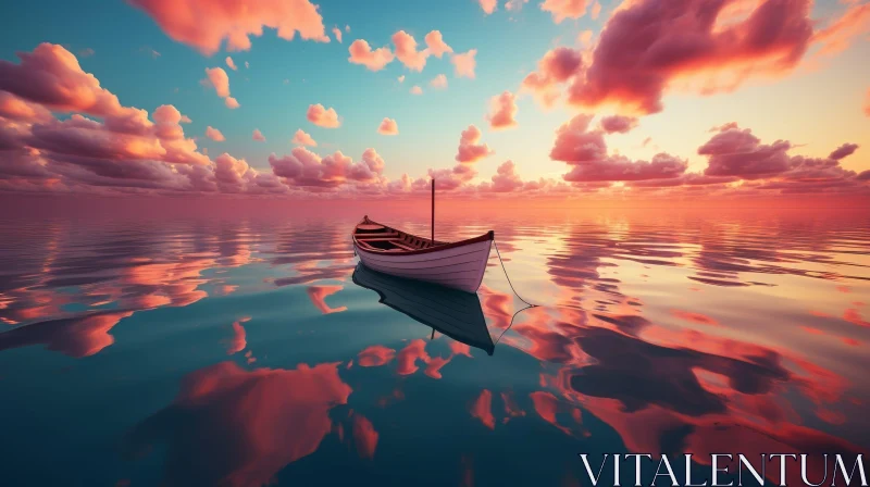 Tranquil Sunset: Wooden Rowboat on Calm Sea AI Image