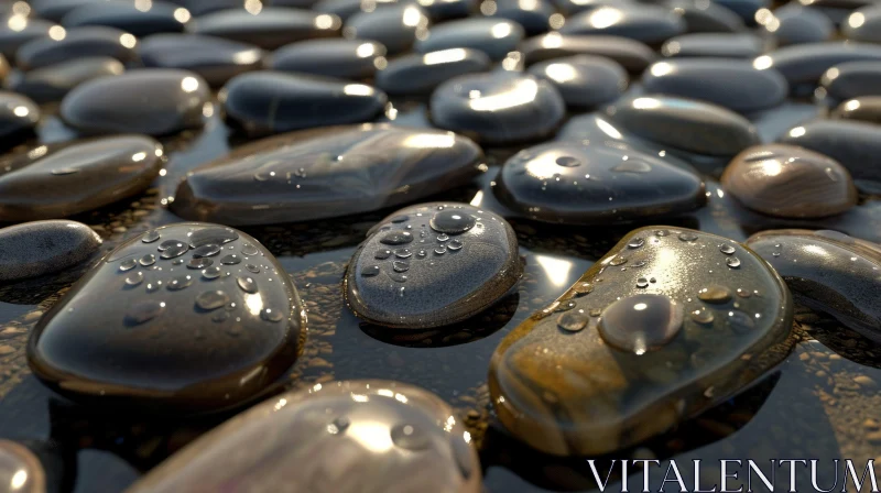 Transformative Beauty: Close-up of Sparkling Water Droplets on Smooth Pebbles AI Image