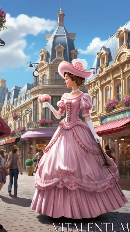 Victorian Lady in Pink: An Animated Town's Tale AI Image