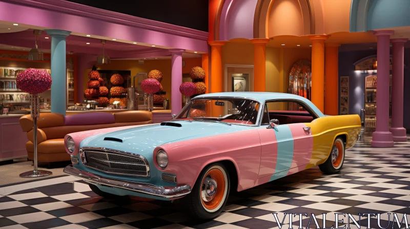 Vintage Classic Car in Colorful Showroom AI Image