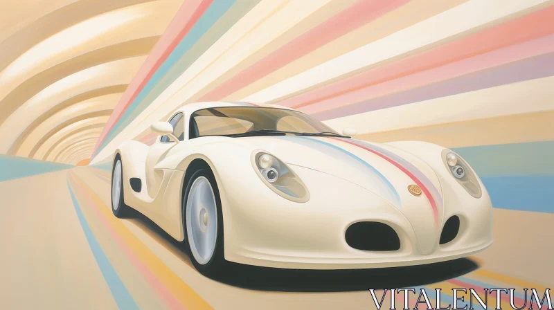 AI ART White Sports Car Driving Through Rainbow Tunnel