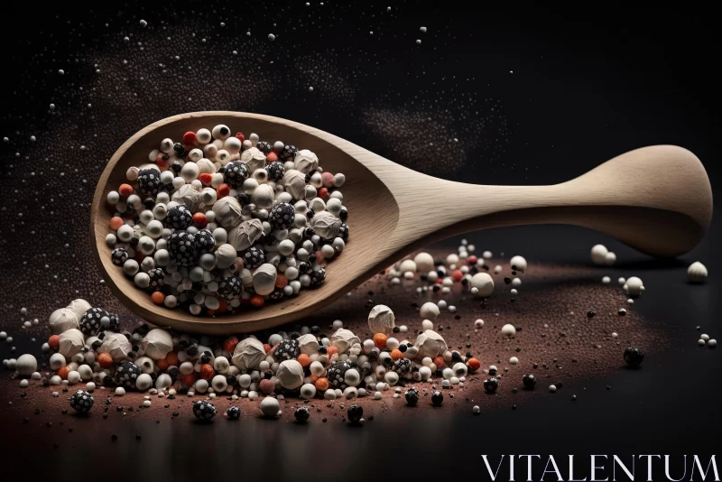 Wooden Spoon Filled with Salt and Pepper on Black Background | Dot-Painted Colors AI Image