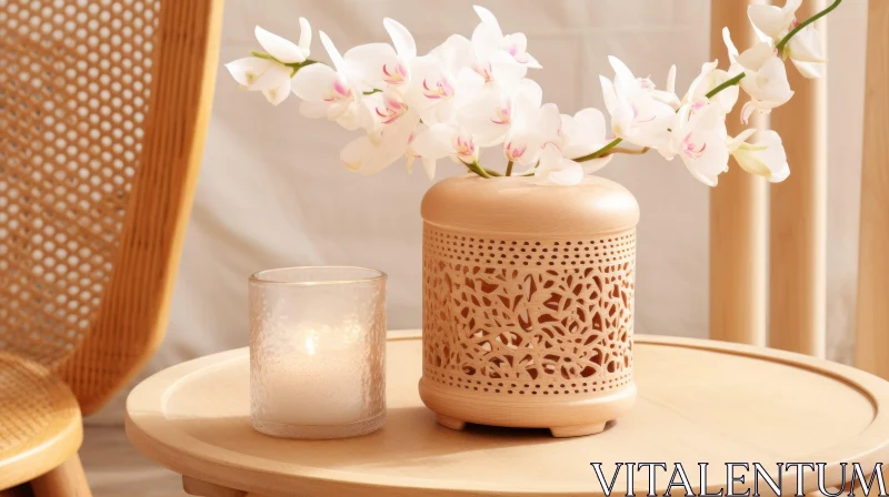 AI ART Wooden Table with White Orchids - Interior Decor