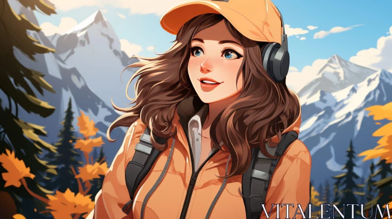 AI ART Young Woman in Mountain Landscape Digital Painting