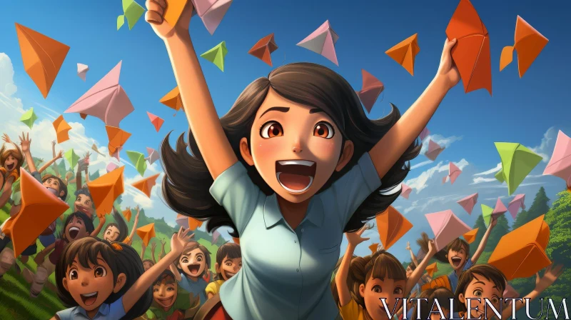 Children Playing with Paper Planes in a Field AI Image