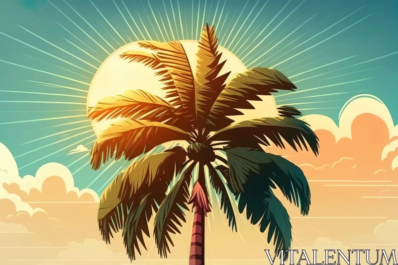Colorful Retro-Style Palm Tree Illustration on Beach | Energy-Filled Artwork AI Image
