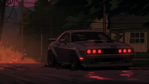 Dark Muscle Car at Night with Red Light