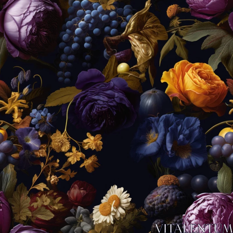 AI ART Dark Purple Floral Fruits Seamless Pattern