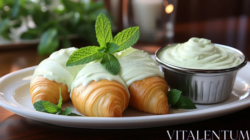 Delicious Croissants with Green Icing on White Plate AI Image