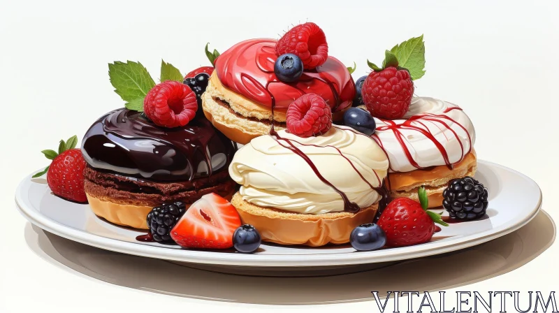 Delicious Donuts with Berries and Icing on White Plate AI Image