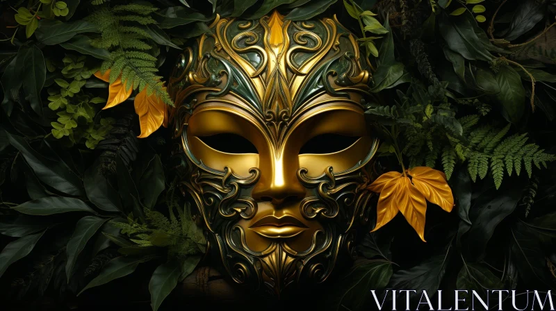 Intricate Golden Mask and Leaves Artwork AI Image