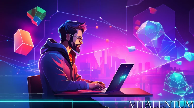 Man Typing on Laptop with 3D Geometric Shapes in Cityscape AI Image