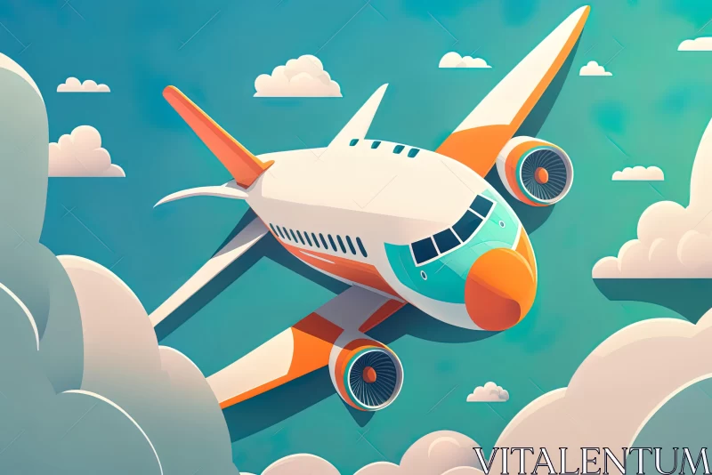 Orange Airplane Flying Through Clouds | Graphic Design-Inspired Illustration AI Image