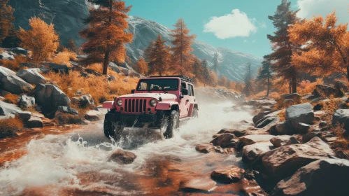 Pink Jeep Wrangler Crossing River in Mountain Landscape
