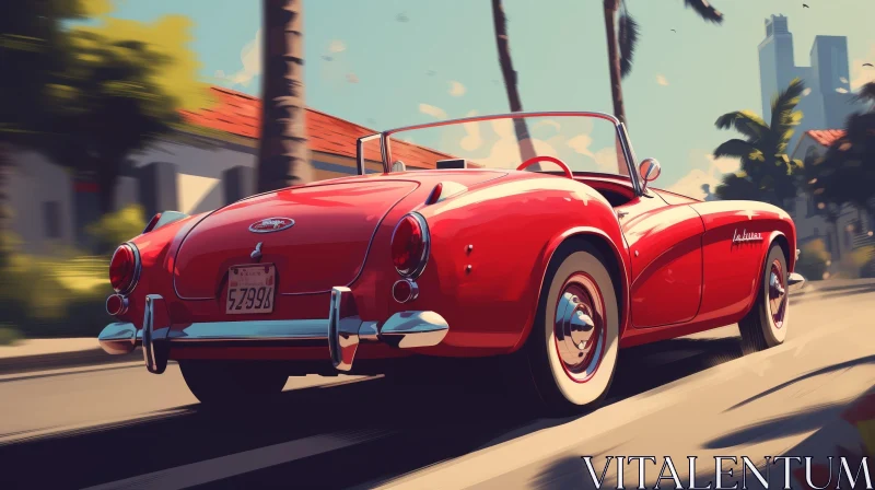 Red 1950s Convertible Driving Down City Street AI Image