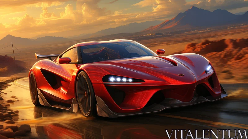 Red Sports Car Driving in Mountainous Landscape AI Image