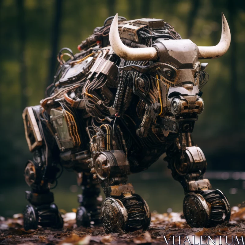 Rustic Charm Meets Industrial Design: Robotic Bull in Woodland AI Image