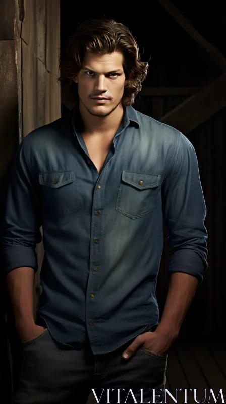 Serious Young Man in Blue Denim Shirt Portrait AI Image