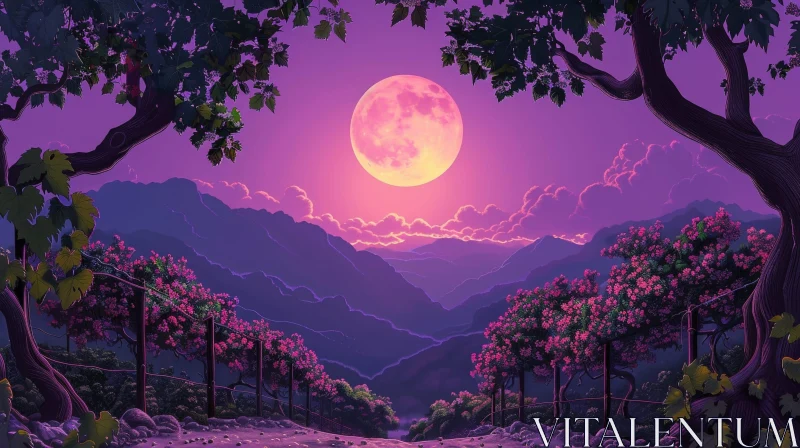 AI ART Snowy Valley Night Landscape with Full Moon
