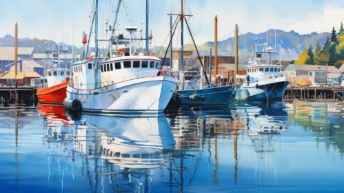 Tranquil Harbor Scene with Fishing Boats and Pier
