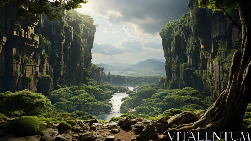 Tranquil Valley Landscape with River and Cliffs AI Image