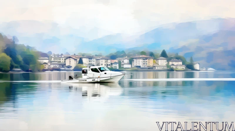Tranquil Watercolor Painting of a White Boat on a Lake AI Image