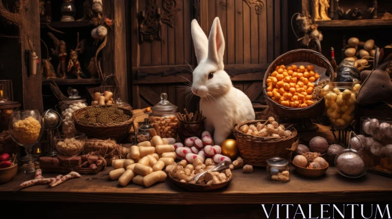 White Rabbit Among Bread and Spices - A Traditional Still Life AI Image