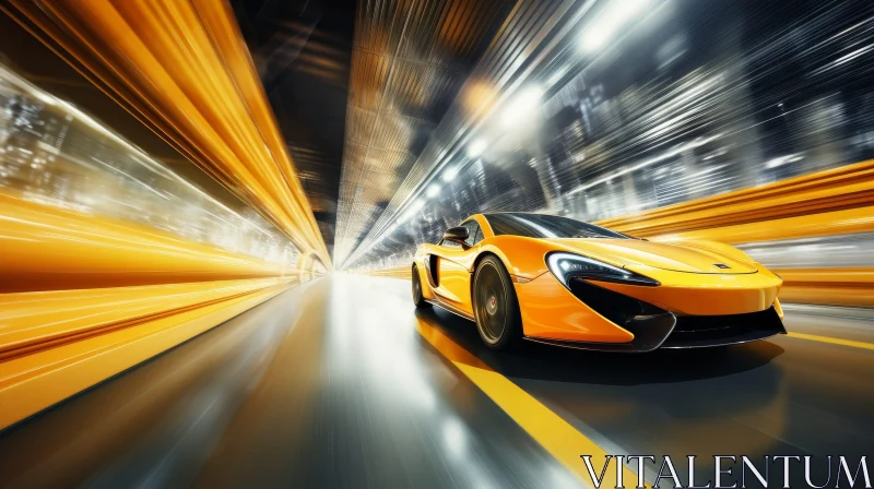 AI ART Yellow Sports Car Racing Through Tunnel