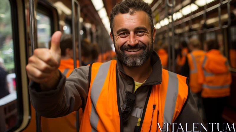 Cheerful Man in Orange Safety Vest Inside Train AI Image