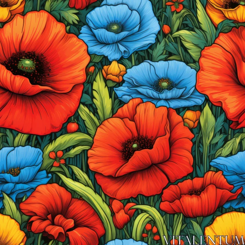 Cheerful Red, Blue, Yellow Poppies Seamless Pattern AI Image