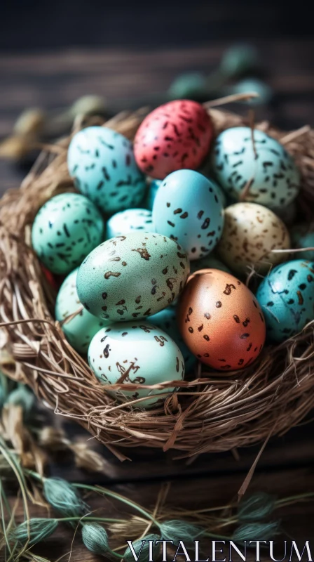 Colorful Easter Eggs in a Rustic Bird's Nest AI Image