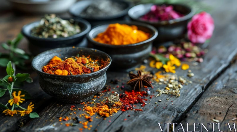 Colorful Spices on Wooden Table: A Captivating Still Life Composition AI Image