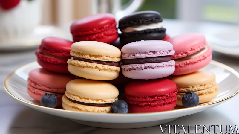 Delicious Multicolored Macarons with Blueberries AI Image
