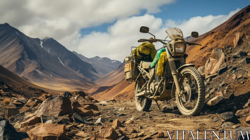 Green Motorcycle Adventure on Rocky Mountain Road AI Image