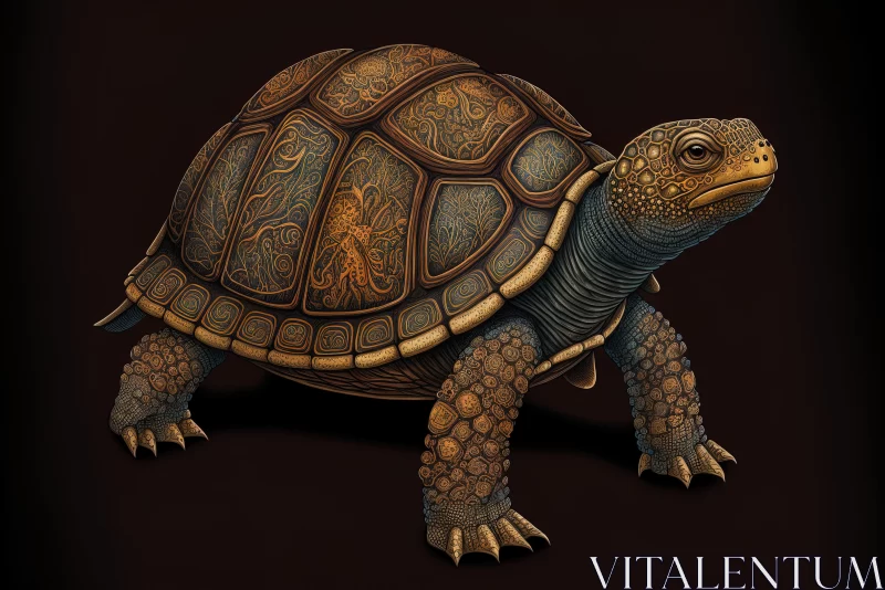 Intricately Engraved Tortoise on Dark Background | Realistic Rendering AI Image